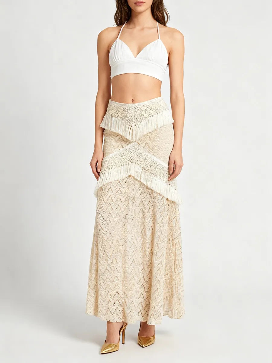 TWOTWINSTYLE Solid Slimming Sheer Spliced Tassel Knit Skirt