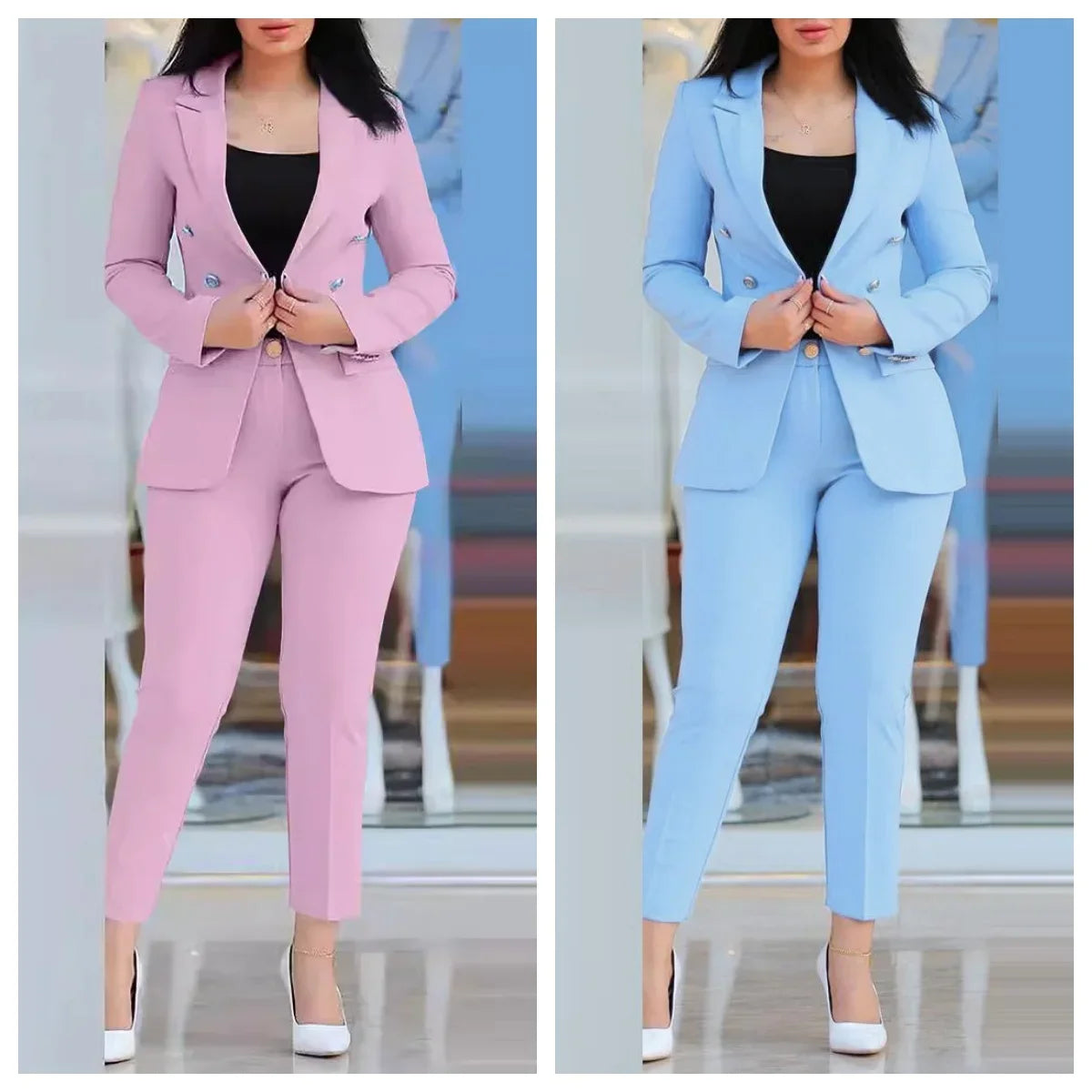 Notched Neck Long Sleeve Blazer & Elegant High Waist Work Pants Set