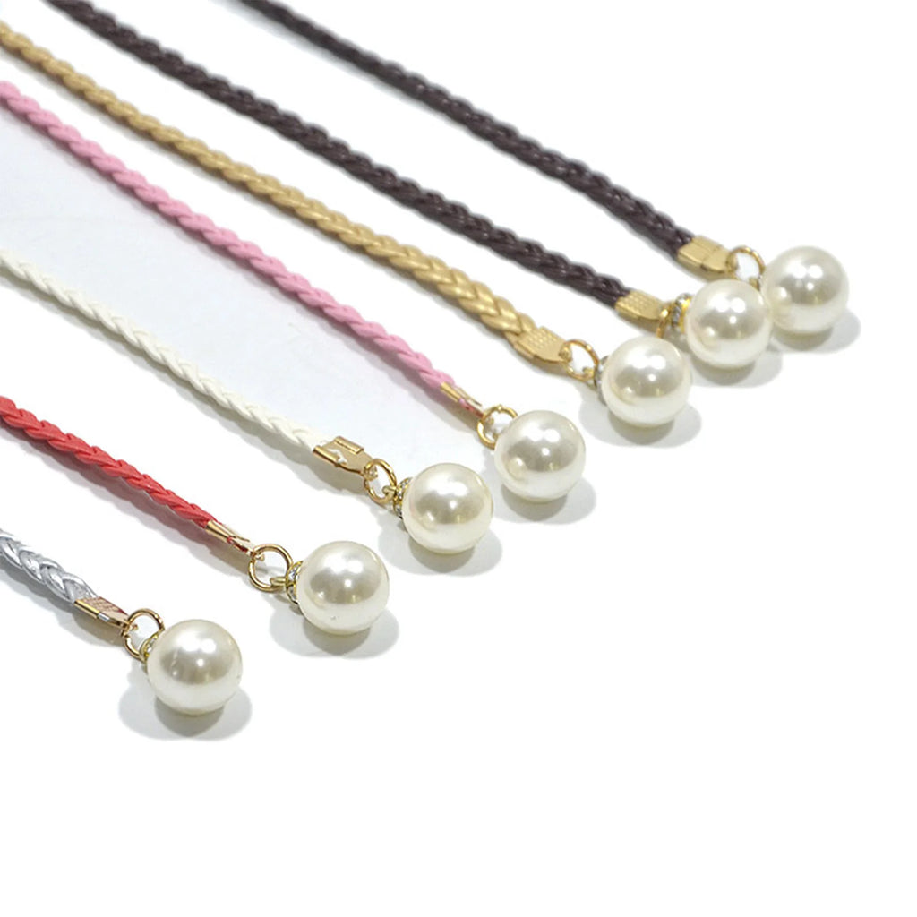Adjustable Slim Waist Braided Belt with Pearl Buckle
