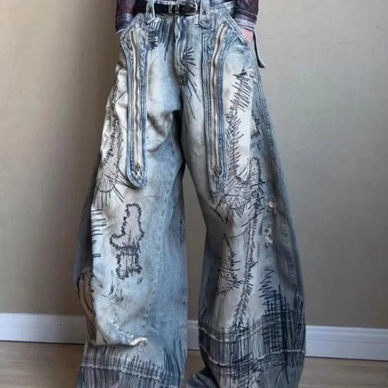 Street Distressed  Wide  Curved Leg Baggy Jeans