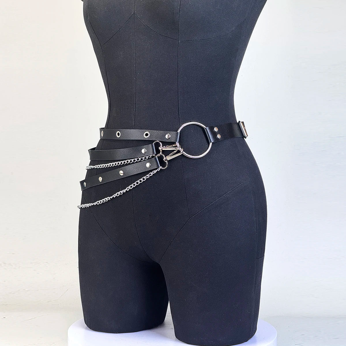 PU Leather Adjustable Street Style Belt With Chain Garter Waist