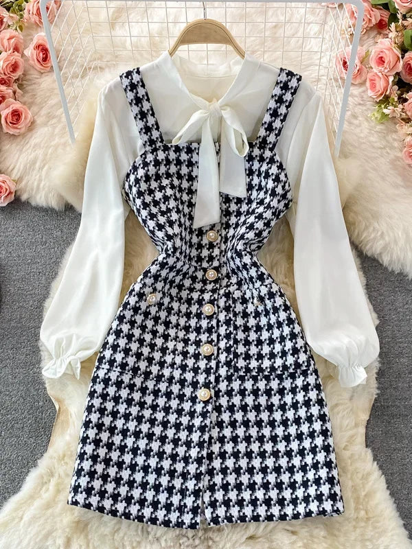 Bowtied Collar White Blouse Mini Tweed Dress