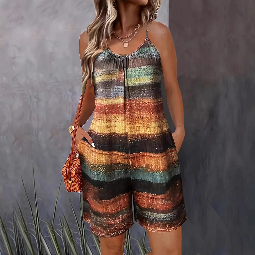 Retro Color-Contrast Literary Print Jumpsuit