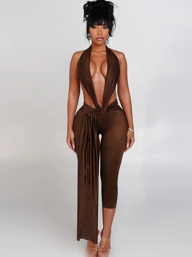 Sisterlinda Backless Halter Romper With Ribbon