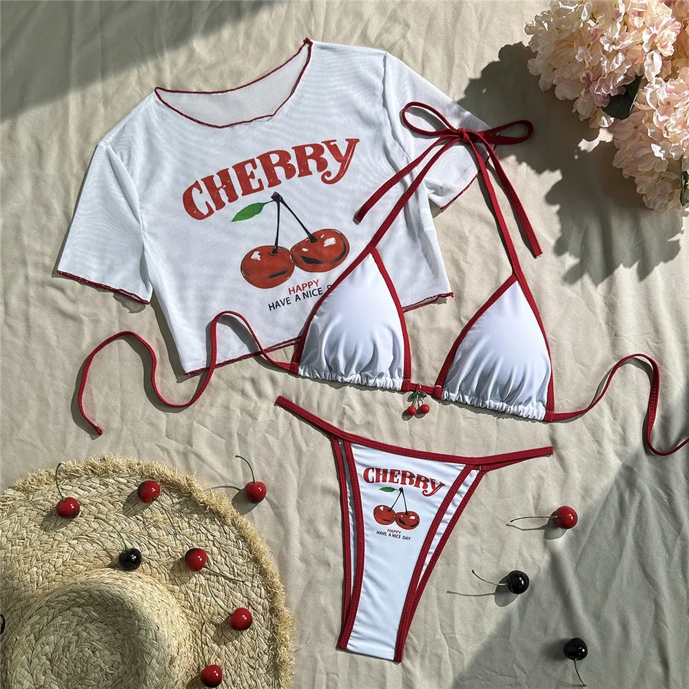 Cute Cherry Print Halter String Cover Swimwear