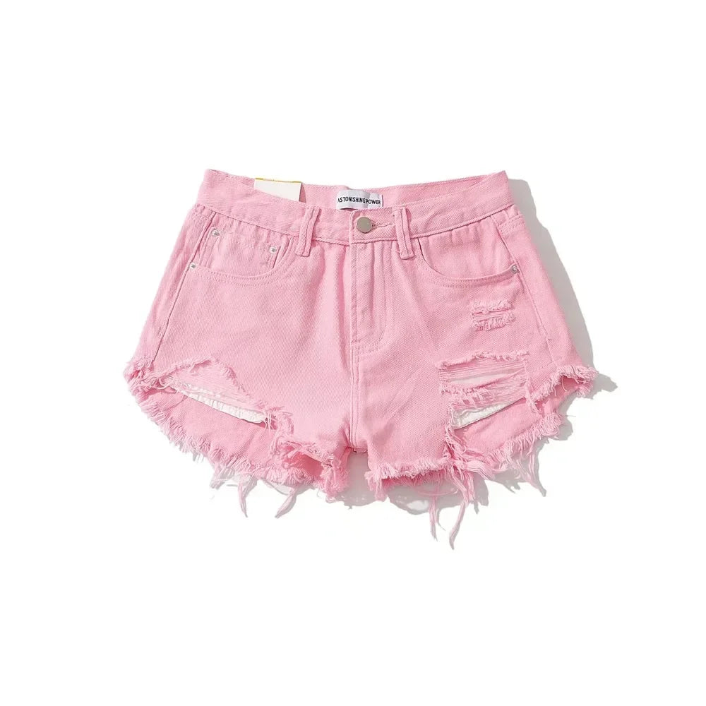 Denim Washed High Waist Hole Spliced Shorts