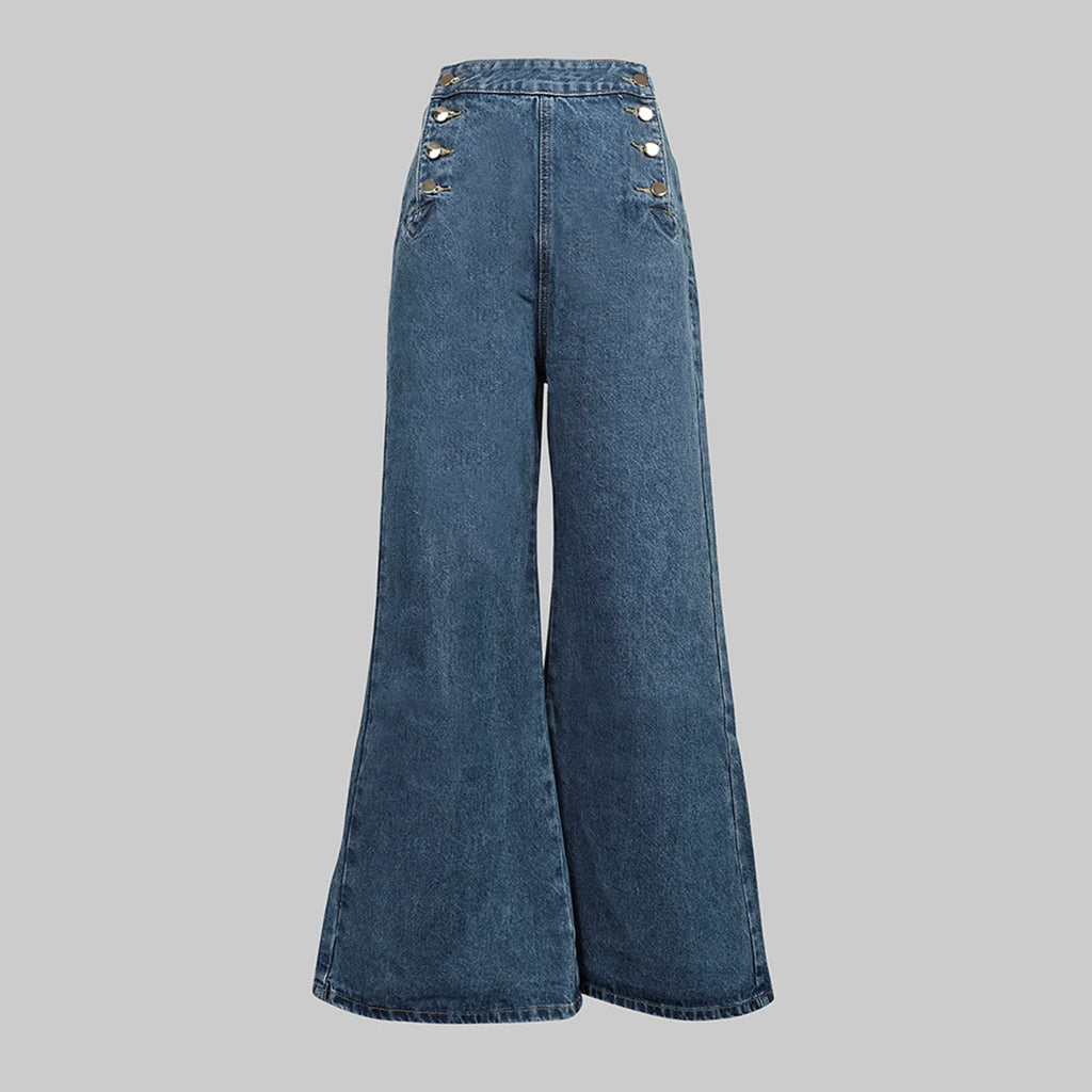 High Waisted Loose Buttoned Denim Wide Leg Flare Jeans