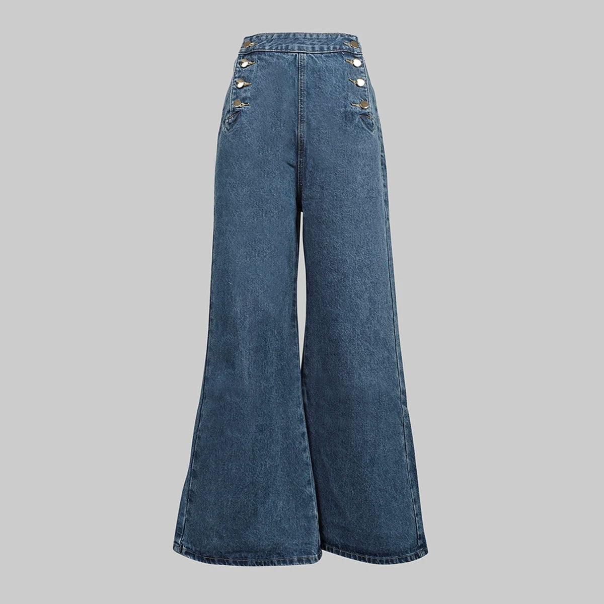 High Waisted Loose Buttoned Denim Wide Leg Flare Jeans
