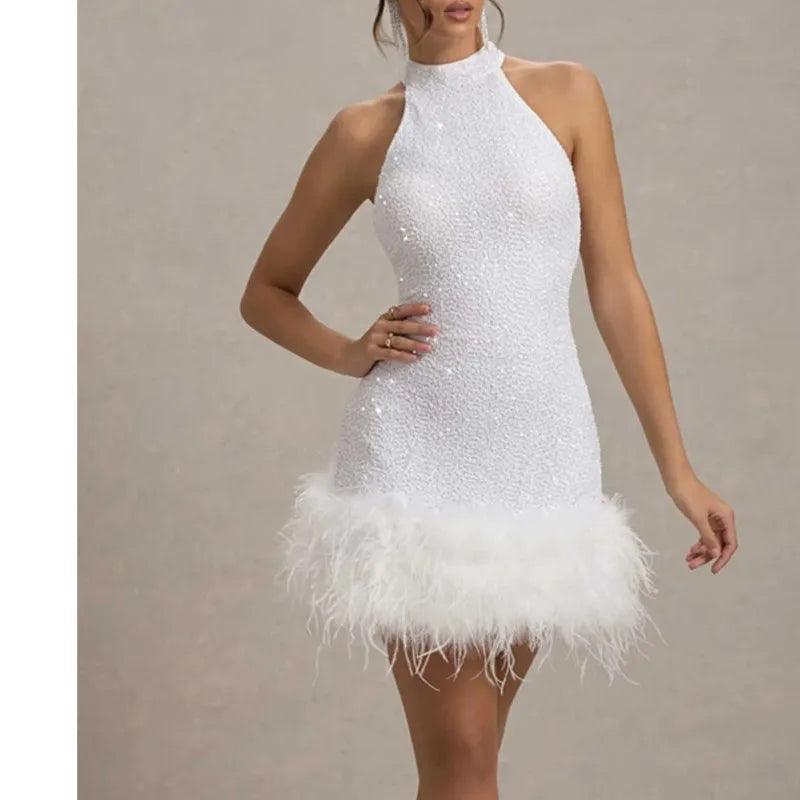 Slim Plush Hem Sleeveless Sequin Dress