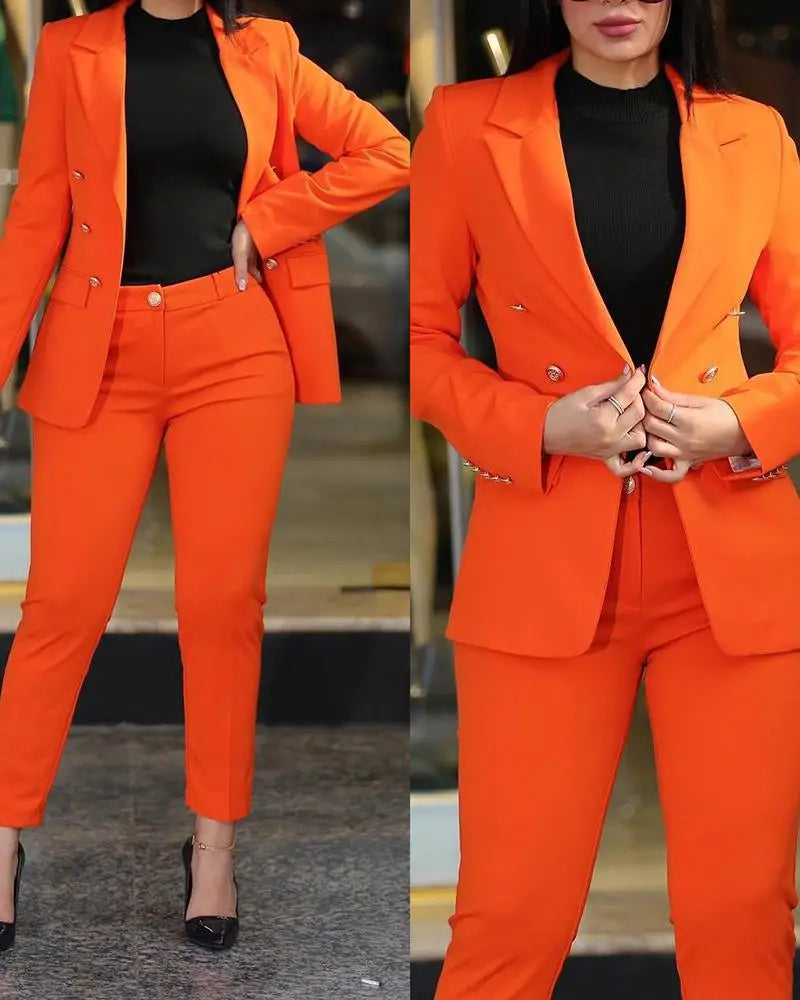 Notched Neck Long Sleeve Blazer & Elegant High Waist Work Pants Set