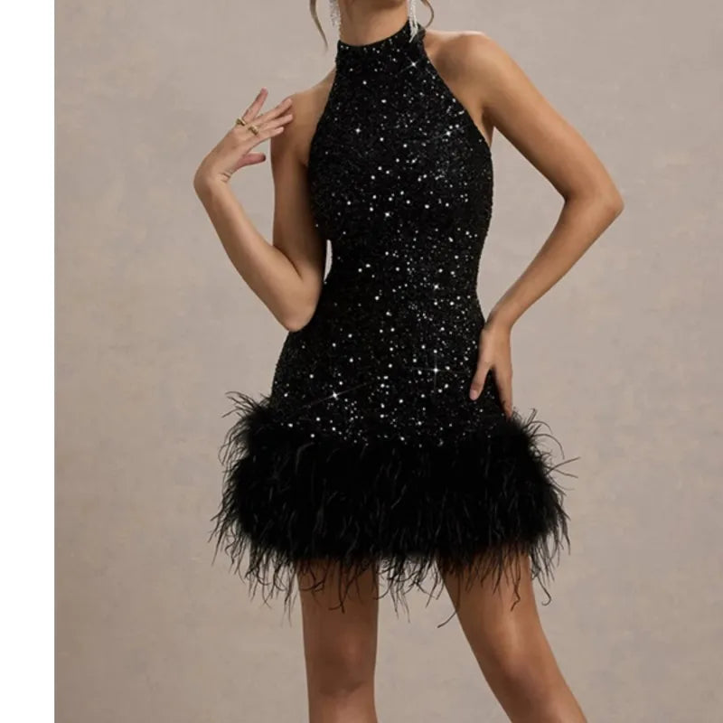 Slim Plush Hem Sleeveless Sequin Dress