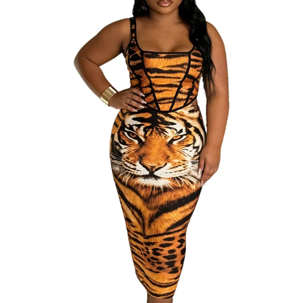 Square Neck Spaghetti Strap Tiger Print Corset Bodycon Midi Dress