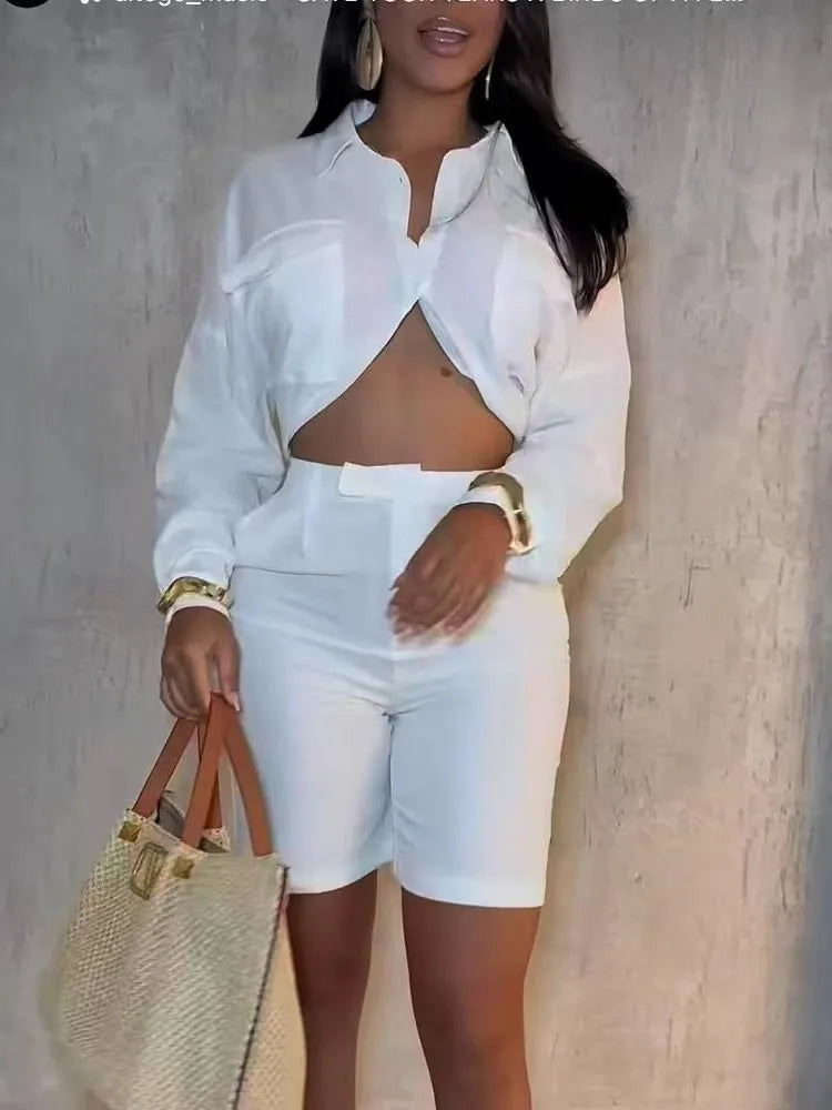 Long Sleeves Exposed Waist Shirt & High Waist Shorts Suit