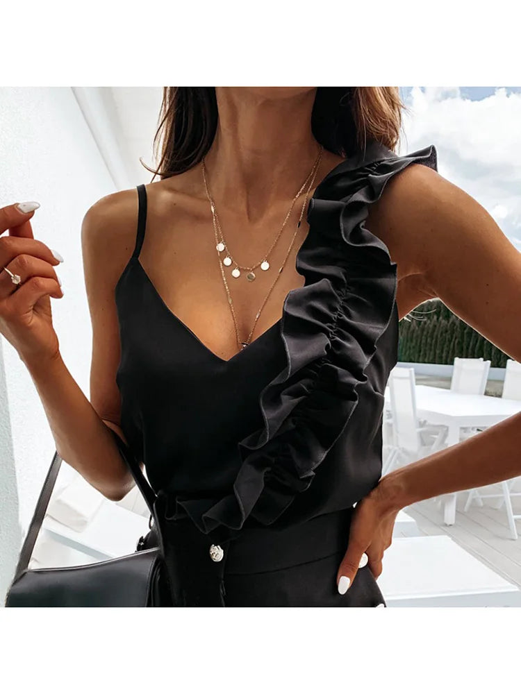 Sexy V Neck Spaghetti Strap Ruffle Backless Blouse