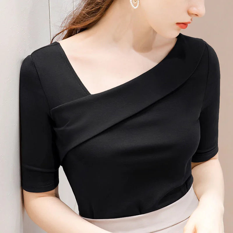 Slim Short Sleeve Skew Collar Sheath Top