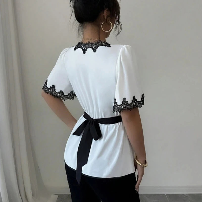 White V-Neck Blouse with Black Lace Trim Belted Peplum Hem