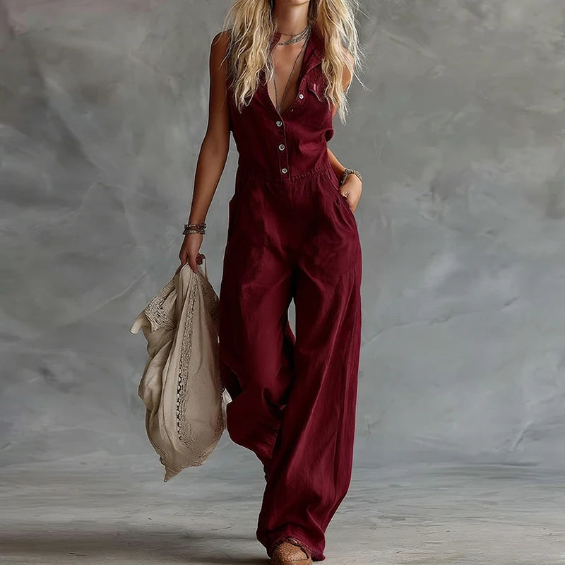 Chic Sleeveless Button Patchwork Jumpsuit