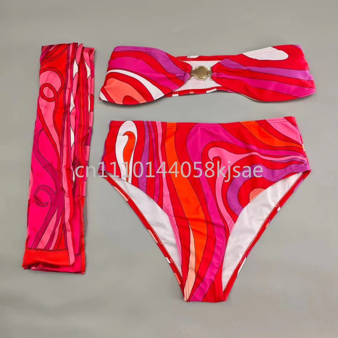 Red Scarf Letter Headband Signature Logo Bikini Sets