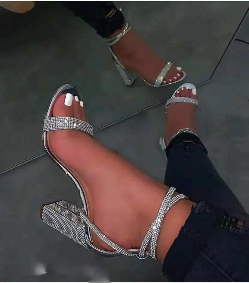 Transparent Rhinestone Block Heel Sandals