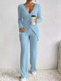 V Neck Slim Cross Tops+High Waist Pants Set