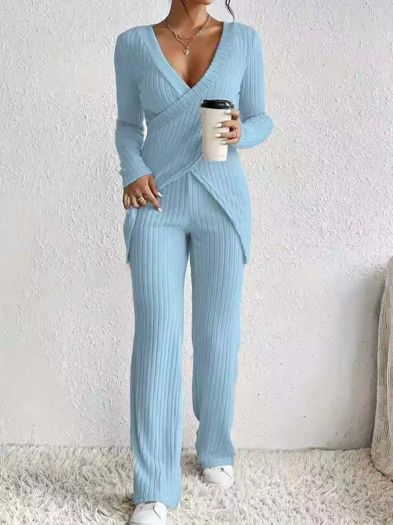 V Neck Slim Cross Tops+High Waist Pants Set