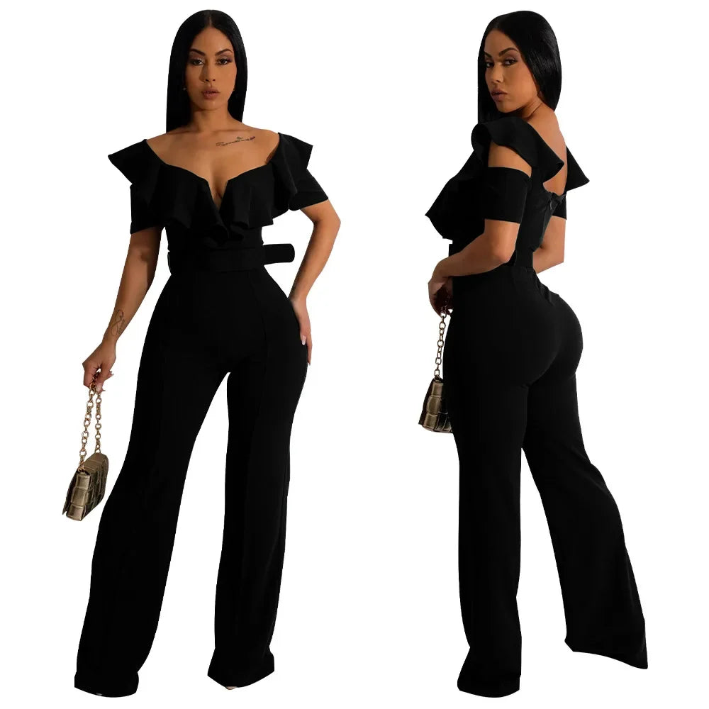 Ruffle Edge V-neck Fitted Waist One-piece