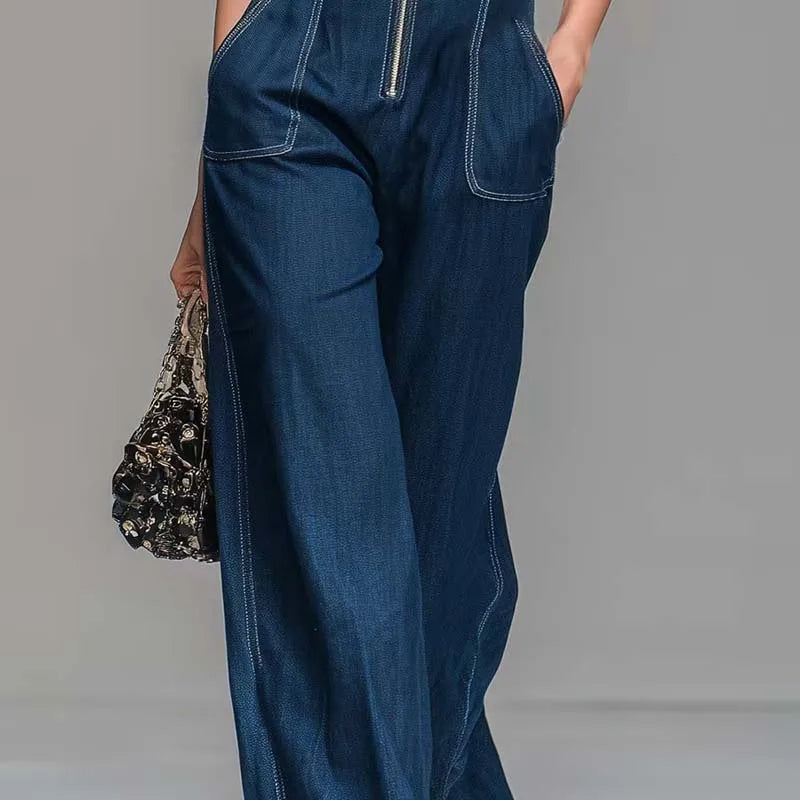 Women Sleeveless Denim Jumpsuit High Waist Wide Leg Cargo Pants Front Zipper Smart Casual Work Overalls Stretch Jean Jumpsuit