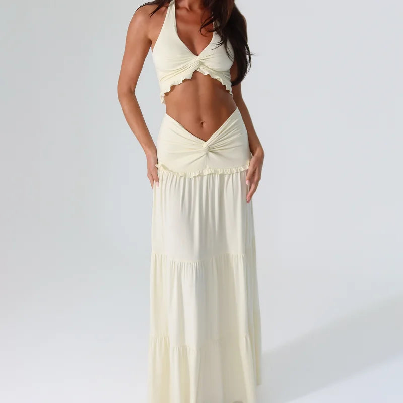 V Neck Pleated Hem Halter & Low Waist Slim Fit Long Skirt