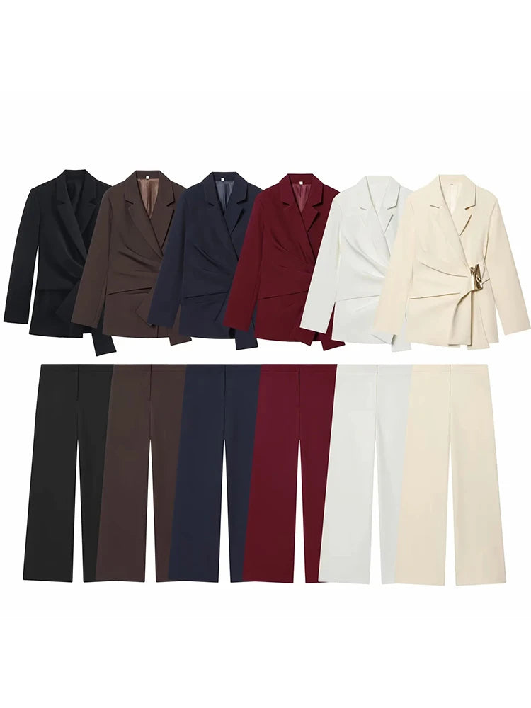 Two-Piece Set Buckle Decoration Suit Pants & Long Sleeve Blazer Coat