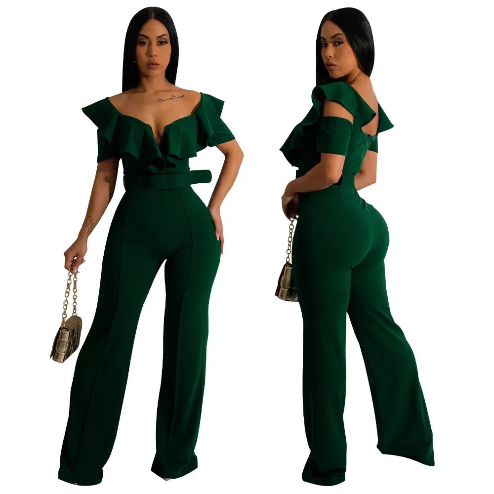 Ruffle Edge V-neck Fitted Waist One-piece