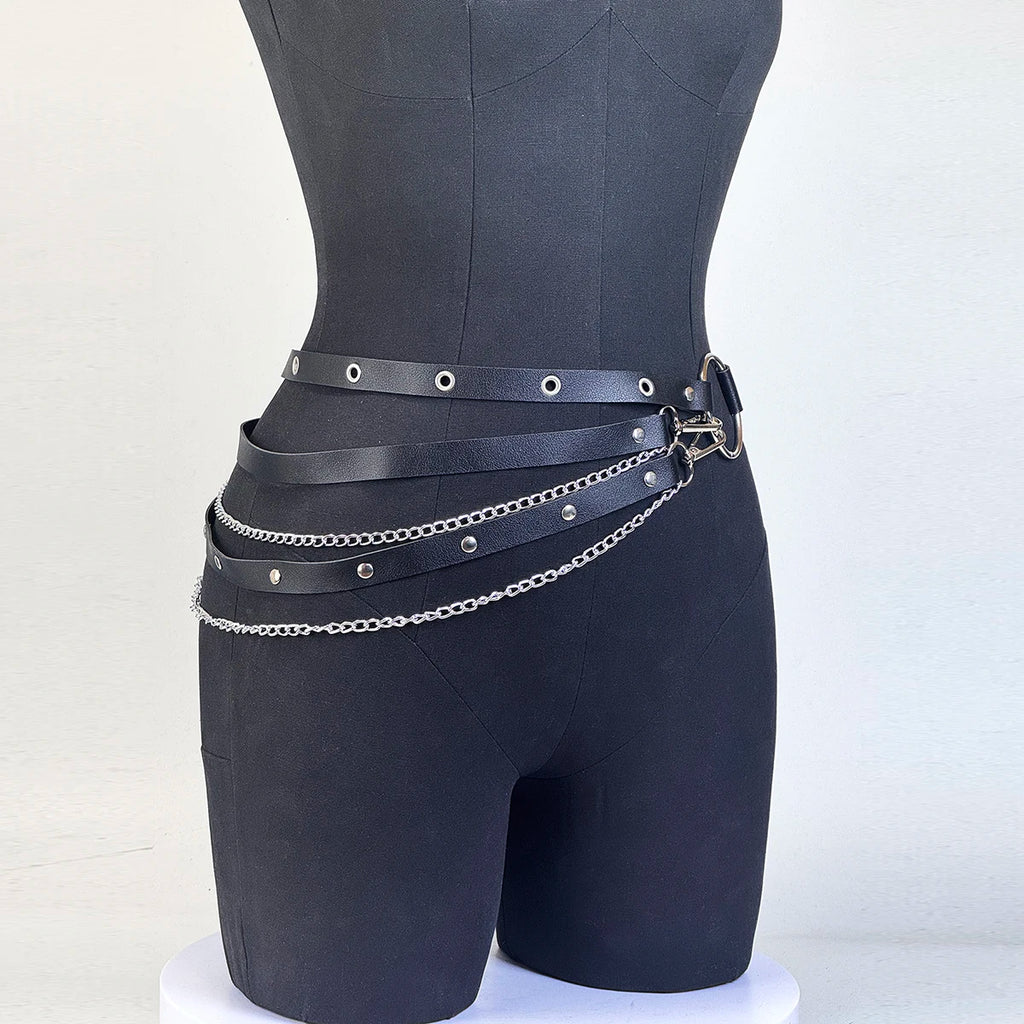 PU Leather Adjustable Street Style Belt With Chain Garter Waist