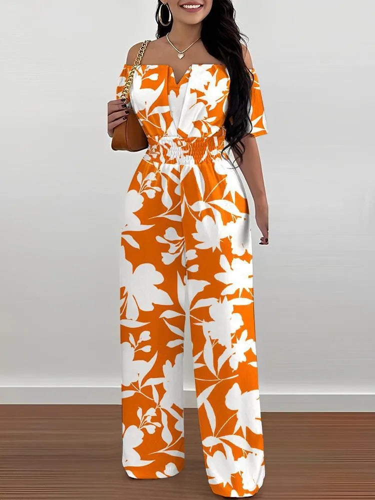 Lady Print High Waist Off Shoulder Wide Leg Pants Jumpsuit