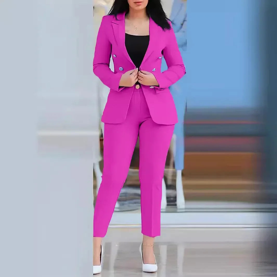 Notched Neck Long Sleeve Blazer & Elegant High Waist Work Pants Set