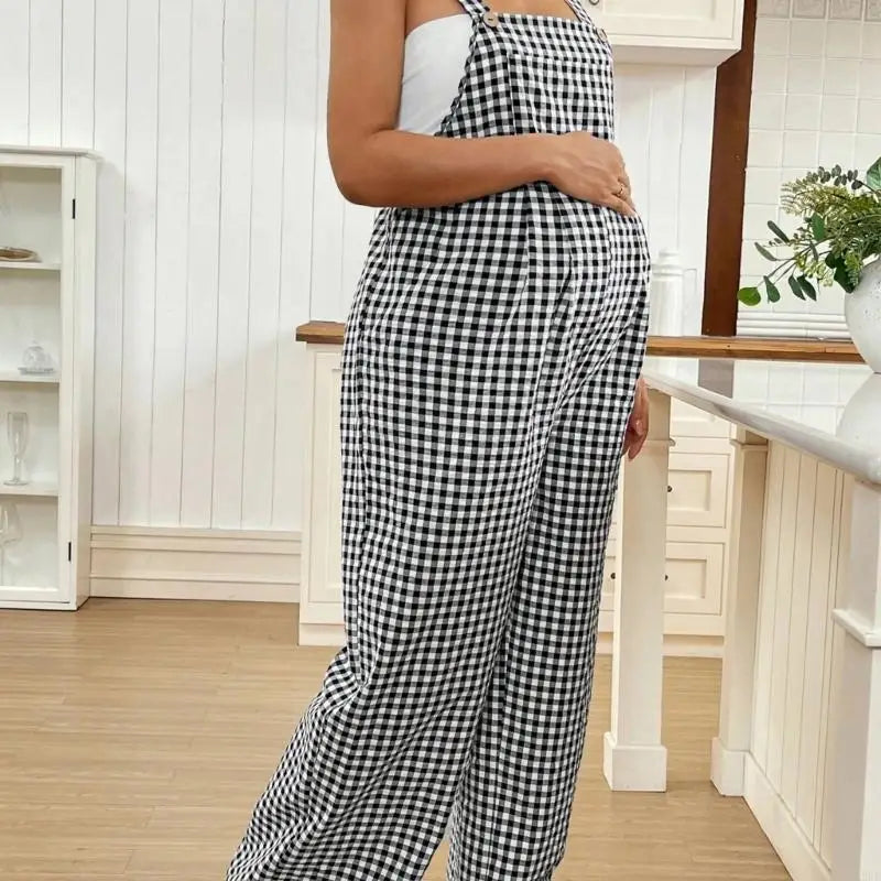 Plaid Pattern Lightweight Elastic Maternity Overalls