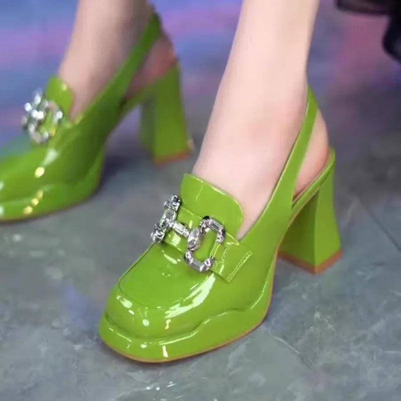 Luxury Rhinestone Design Ankle Strap Chunky Platform Heels