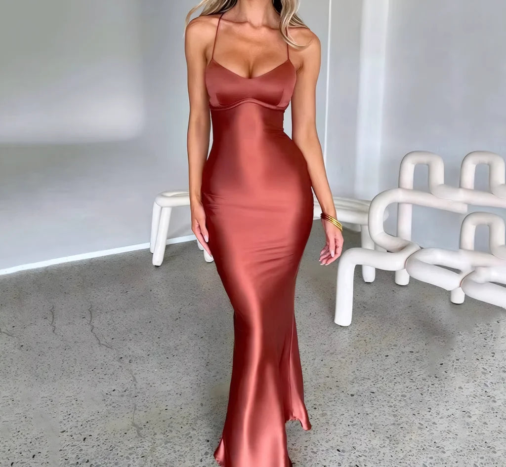 Cinched Waist Halter Satin Backless Long Dress