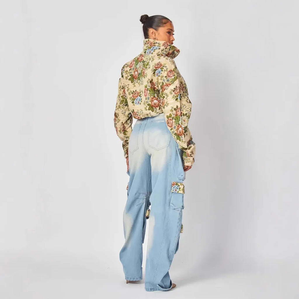 Printed Matching High Waist Straight Jeans Single Breasted Turn Down Collar Set