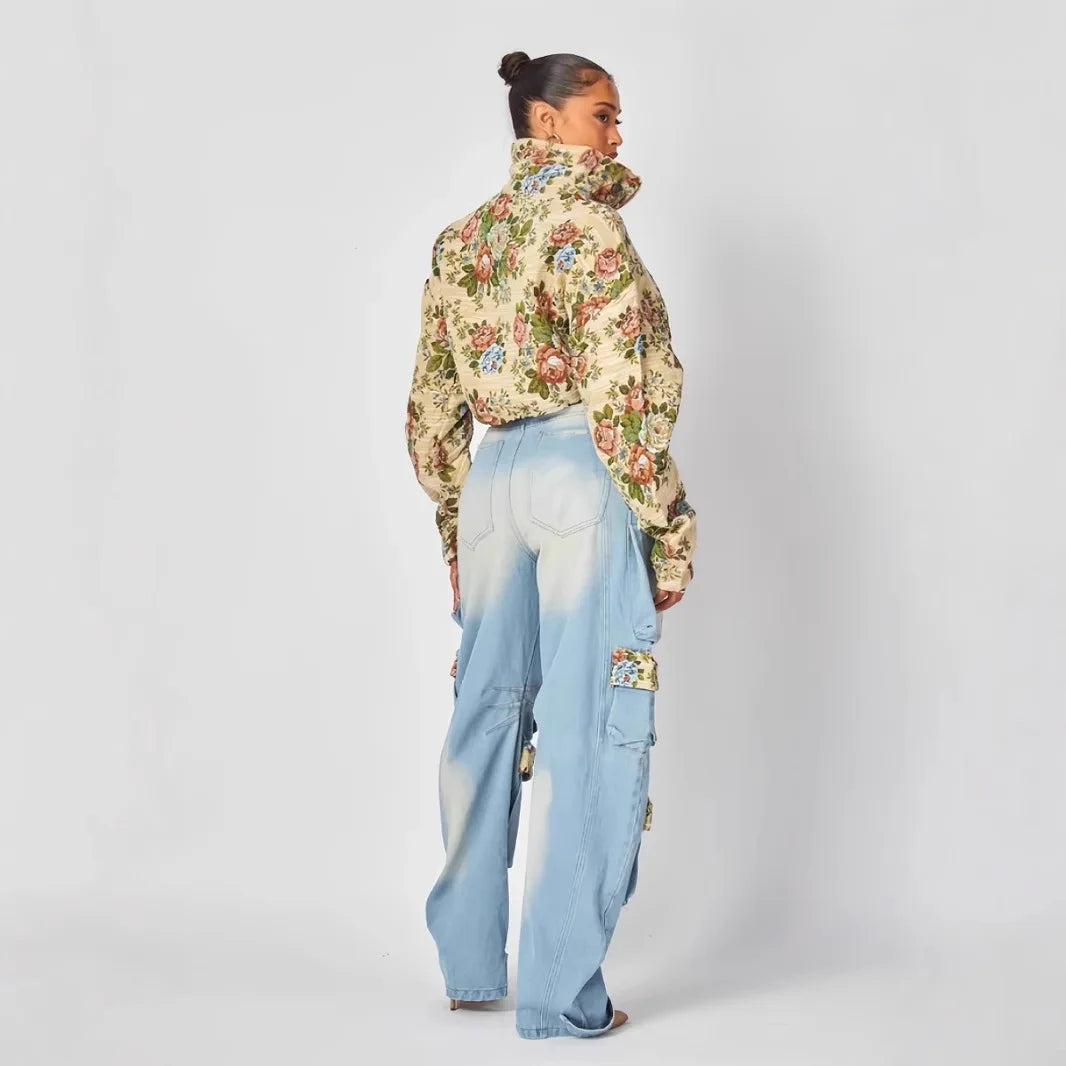 Printed Matching High Waist Straight Jeans Single Breasted Turn Down Collar Set