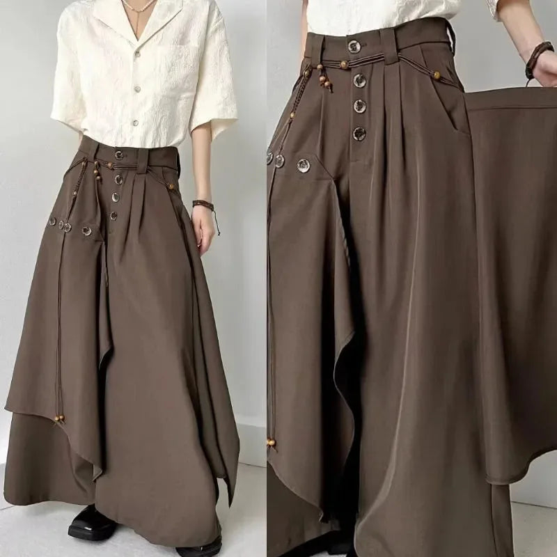Multi-Button Wide-Leg Culottes Pants