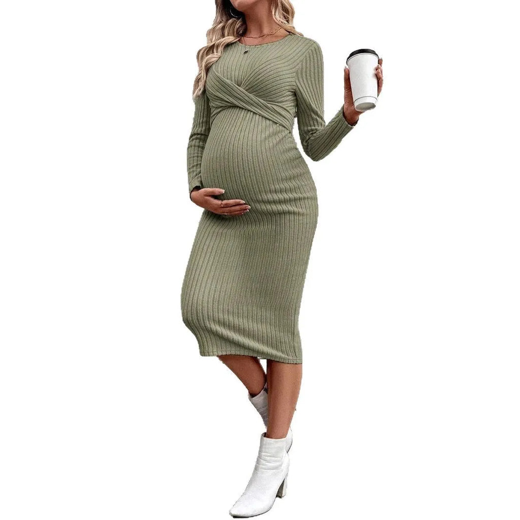 Maternity Dress Long-sleeved Dress for Pregnant Women Elegant Knotted Slimming Pregnancy Dresses Long Sleeve Maternity Clothes