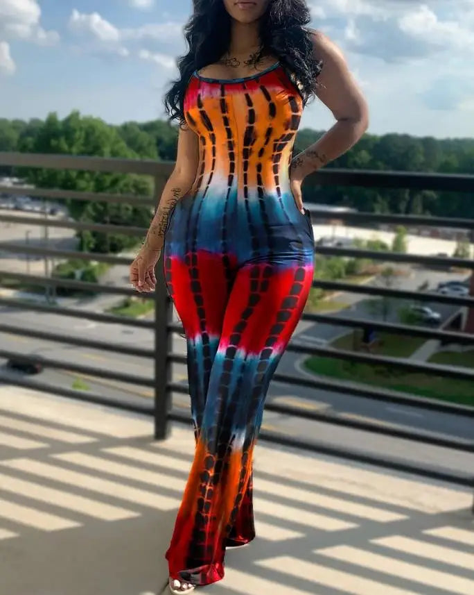 Sleeveless Tie Dye Print U Neck Skinny Jumpsuit