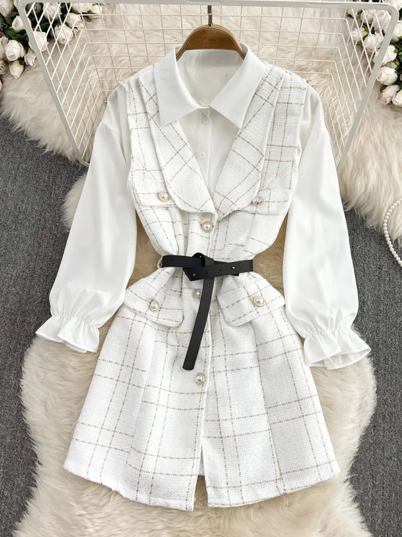 Bowtied Collar White Blouse Mini Tweed Dress