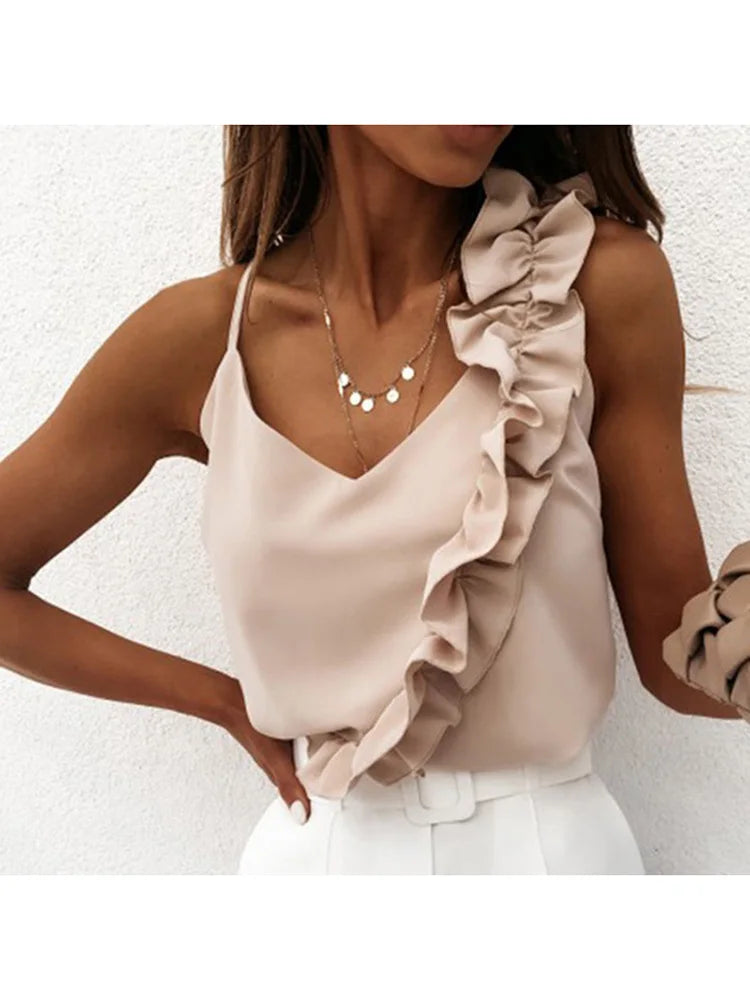Sexy V Neck Spaghetti Strap Ruffle Backless Blouse