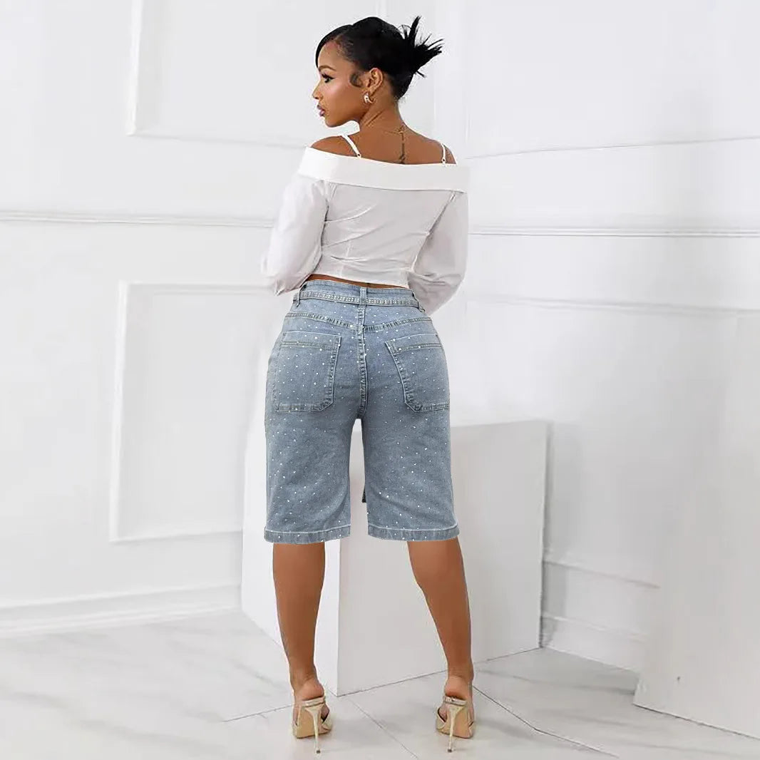 Diamond Knee Length High Waist  Zipper Fly Distressed Straight Pant