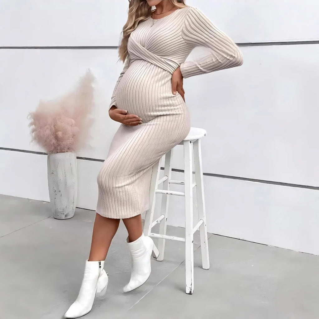 Maternity Dress Long-sleeved Dress for Pregnant Women Elegant Knotted Slimming Pregnancy Dresses Long Sleeve Maternity Clothes