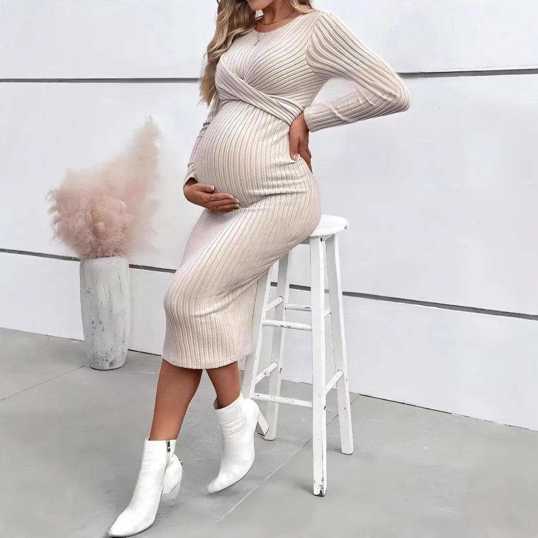Maternity Dress Long-sleeved Dress for Pregnant Women Elegant Knotted Slimming Pregnancy Dresses Long Sleeve Maternity Clothes