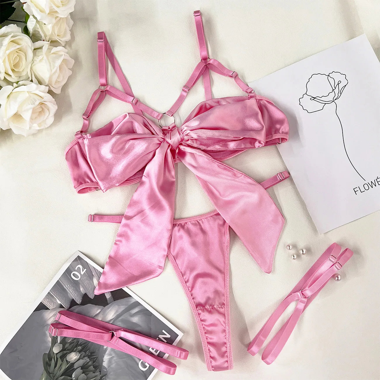 3 Piece Satin Bow Tie Bra and Panty Set with Thigh Straps