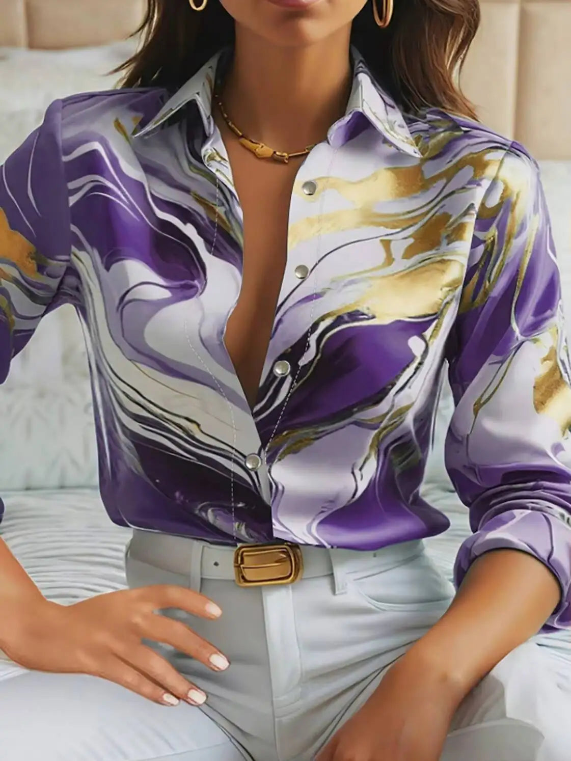 Satin Purple Gold Marble Print Collared Blouse