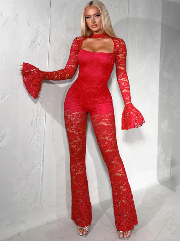 Articat Flared Long Sleeve Lace Jumpsuit