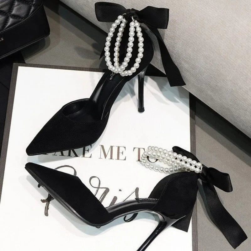 String Bead Pearl Pointed Toe High Heels